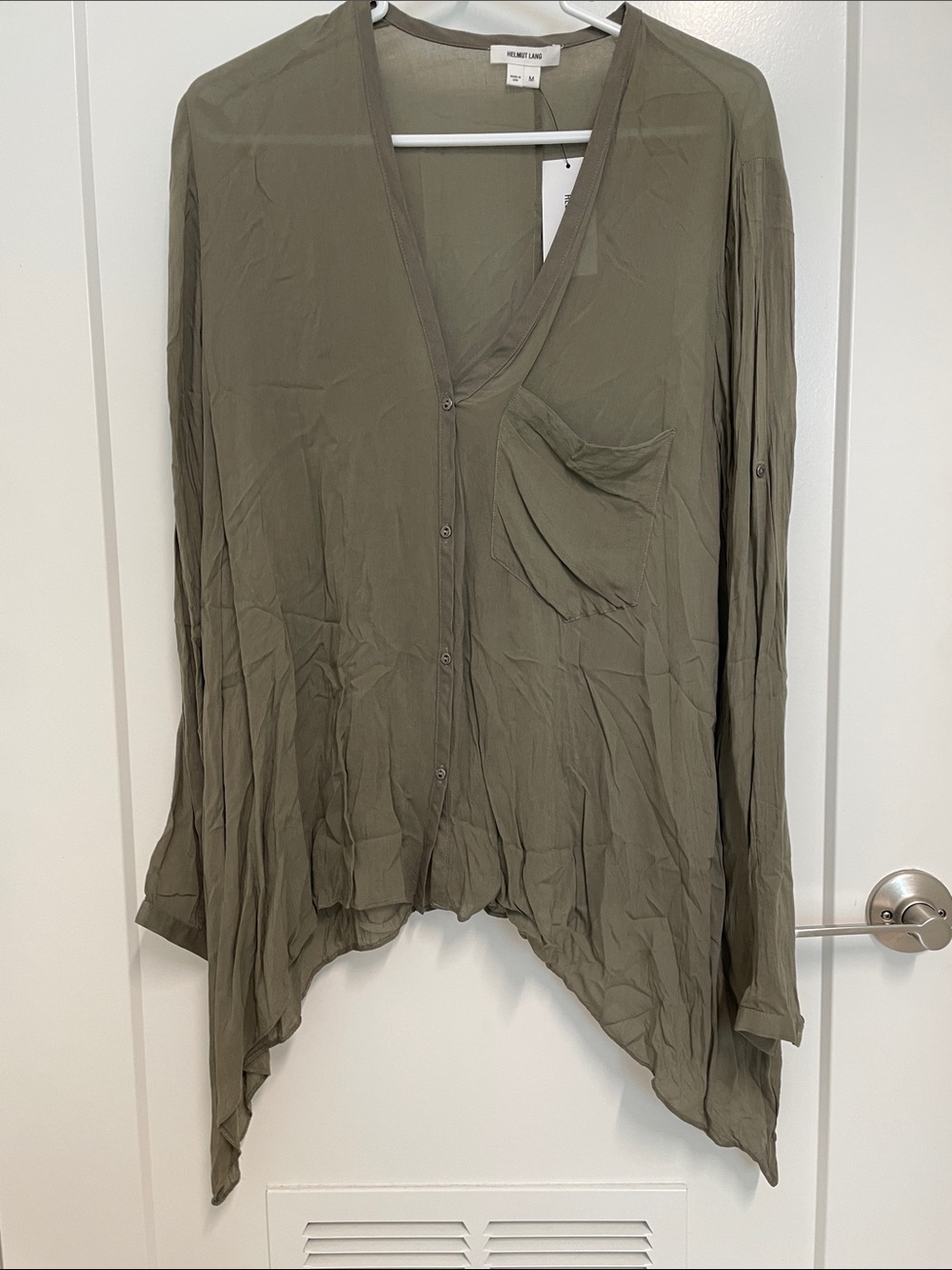 Helmut Lang Olive Green Button-Front V-Neck Blouse